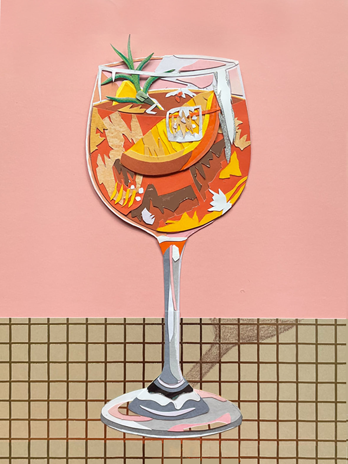 Aperol Spritz print on pink background and chequered tablecloth.