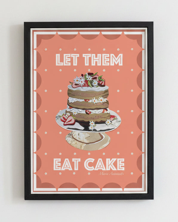 Framed poster with a cake illustration and text 'Let Them Eat Cake' with a daisy dot background.