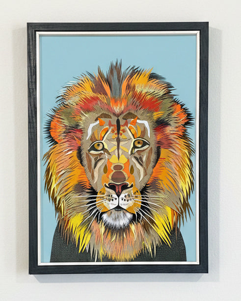 A colourful artistic representation of a lion's face with a bold pattern, framed artwork.