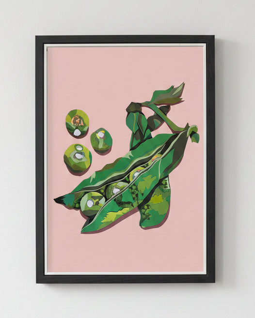 Framed illustration of green peas in a pod on a pink background