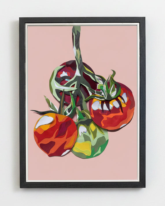 Framed artwork of stylized tomatoes on a pink background