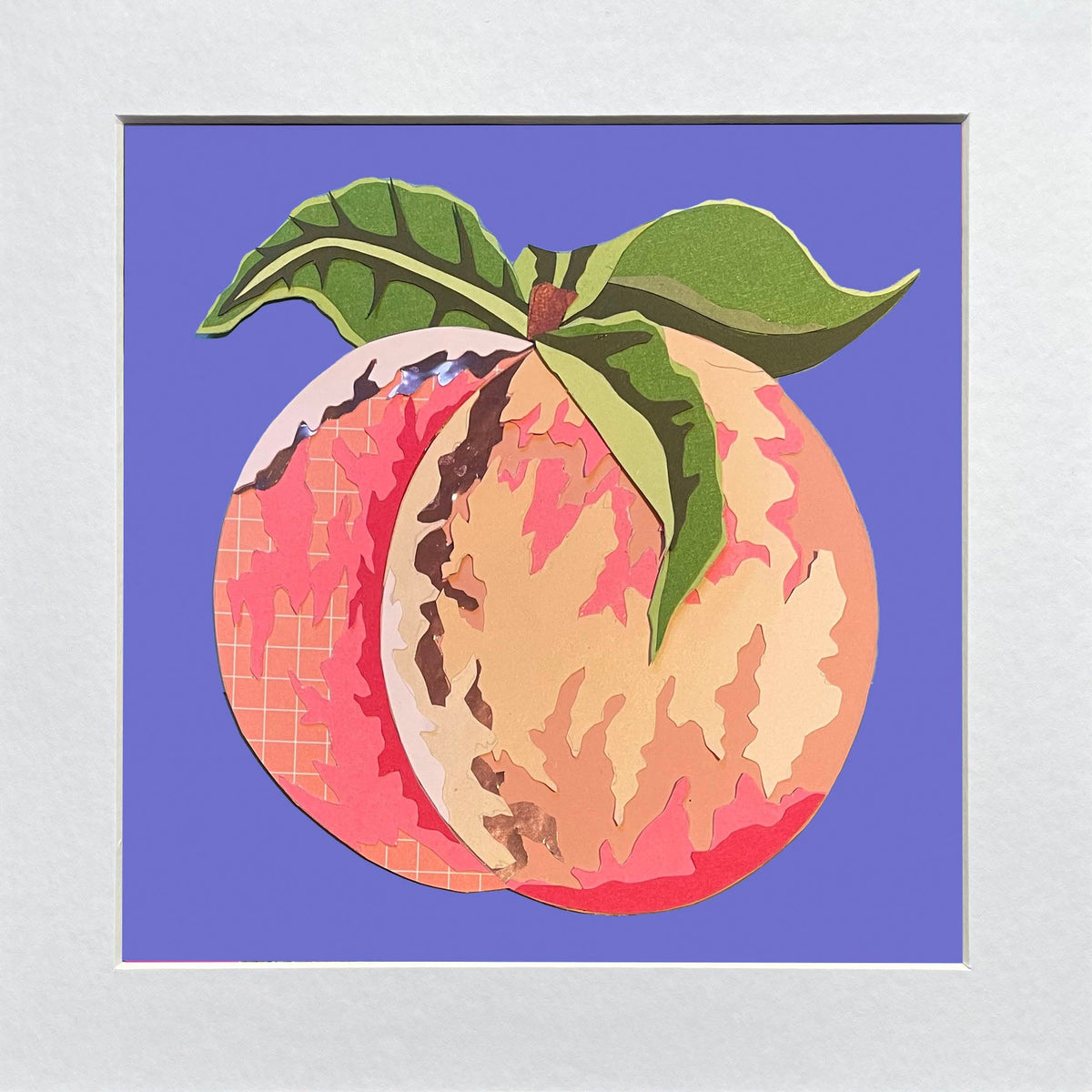 Mounted illustration of a peach with green leaves on a purple background