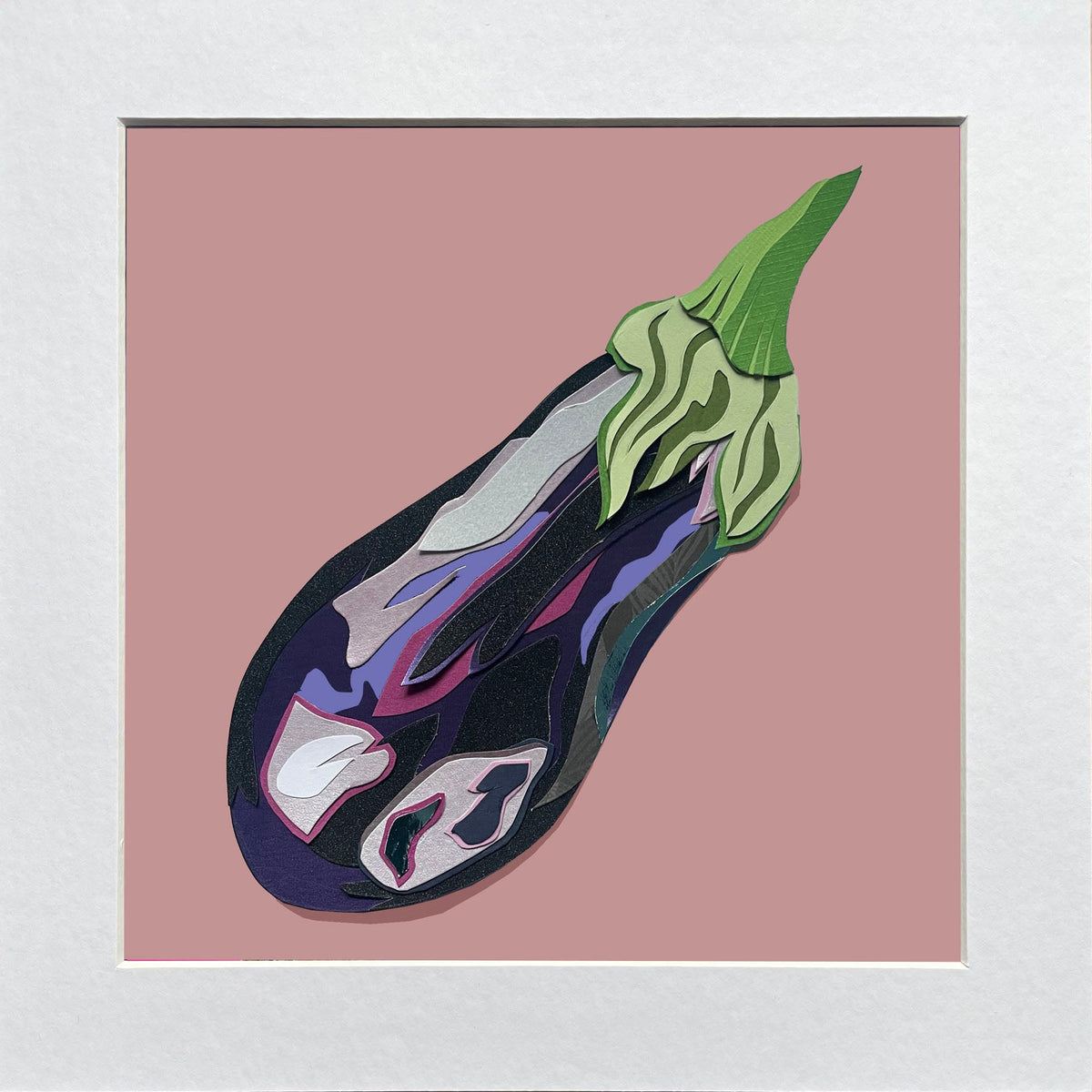 Illustration of an aubergine on a pink background with a white mount.