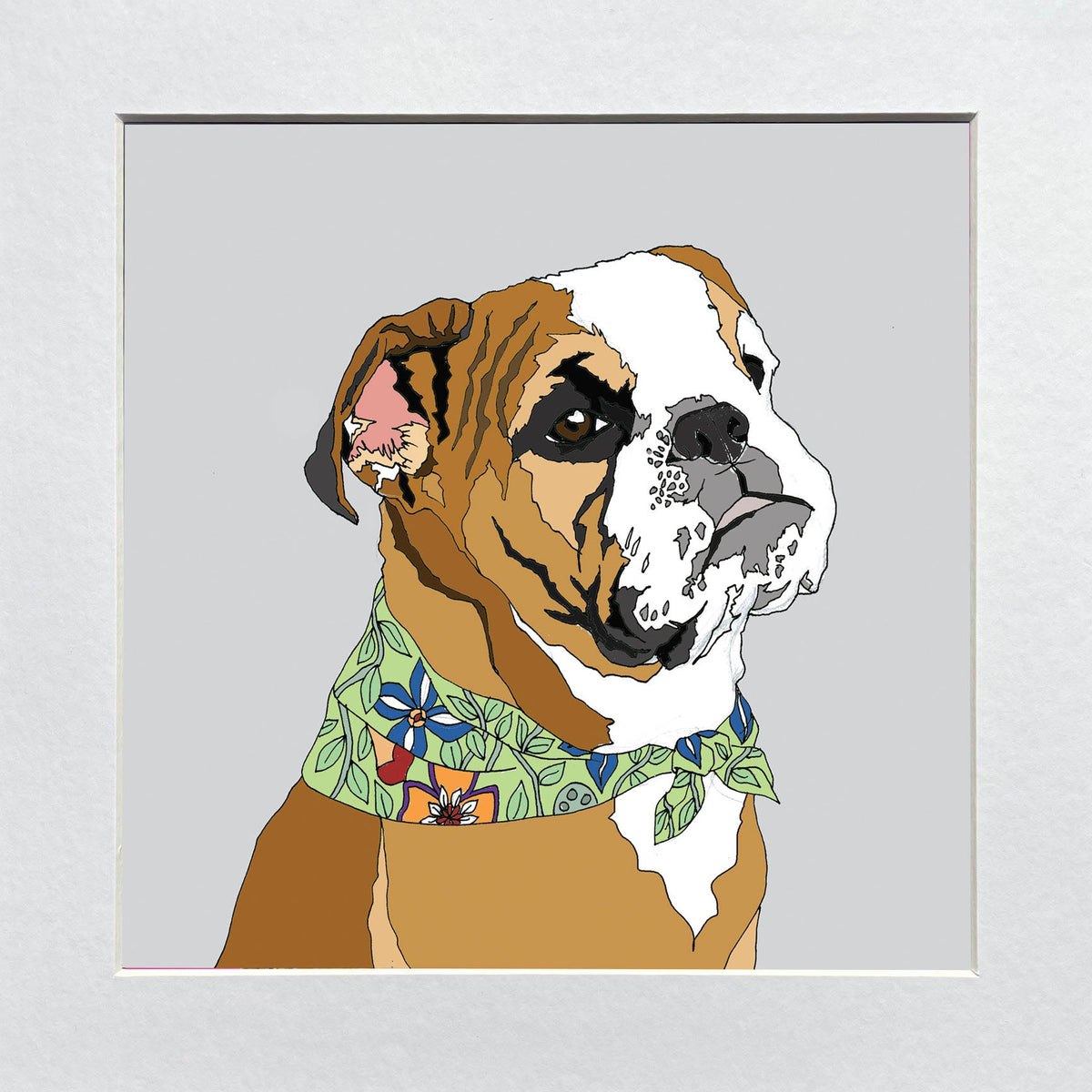 Illustration of a dog wearing a floral bandana in a white mount.