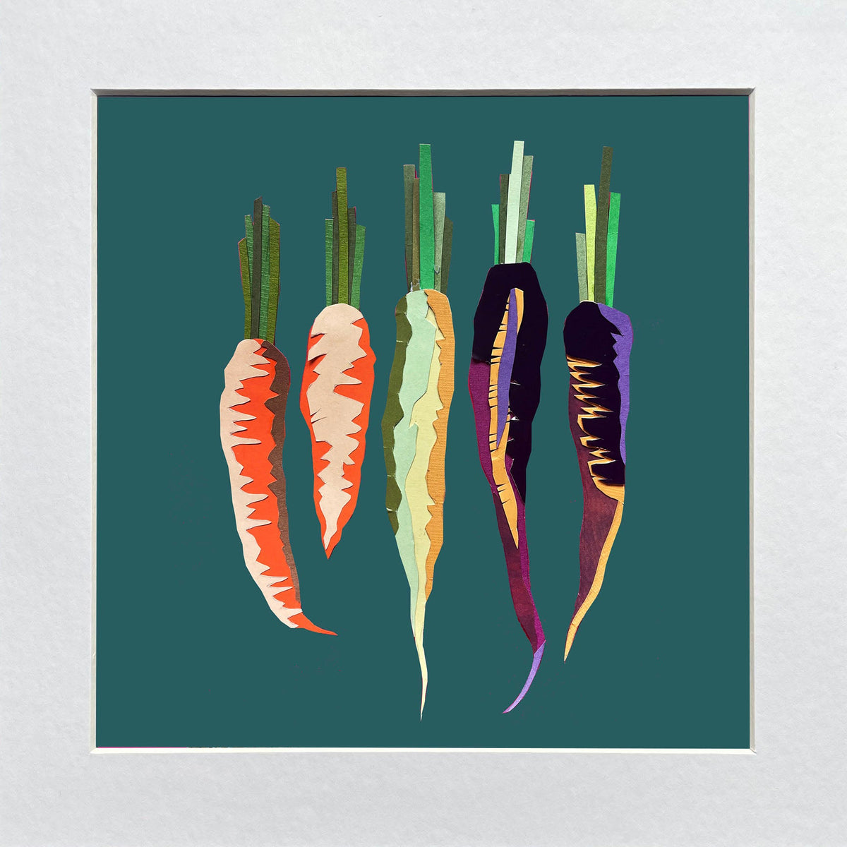 Mounted artwork of colorful carrots on a teal background
