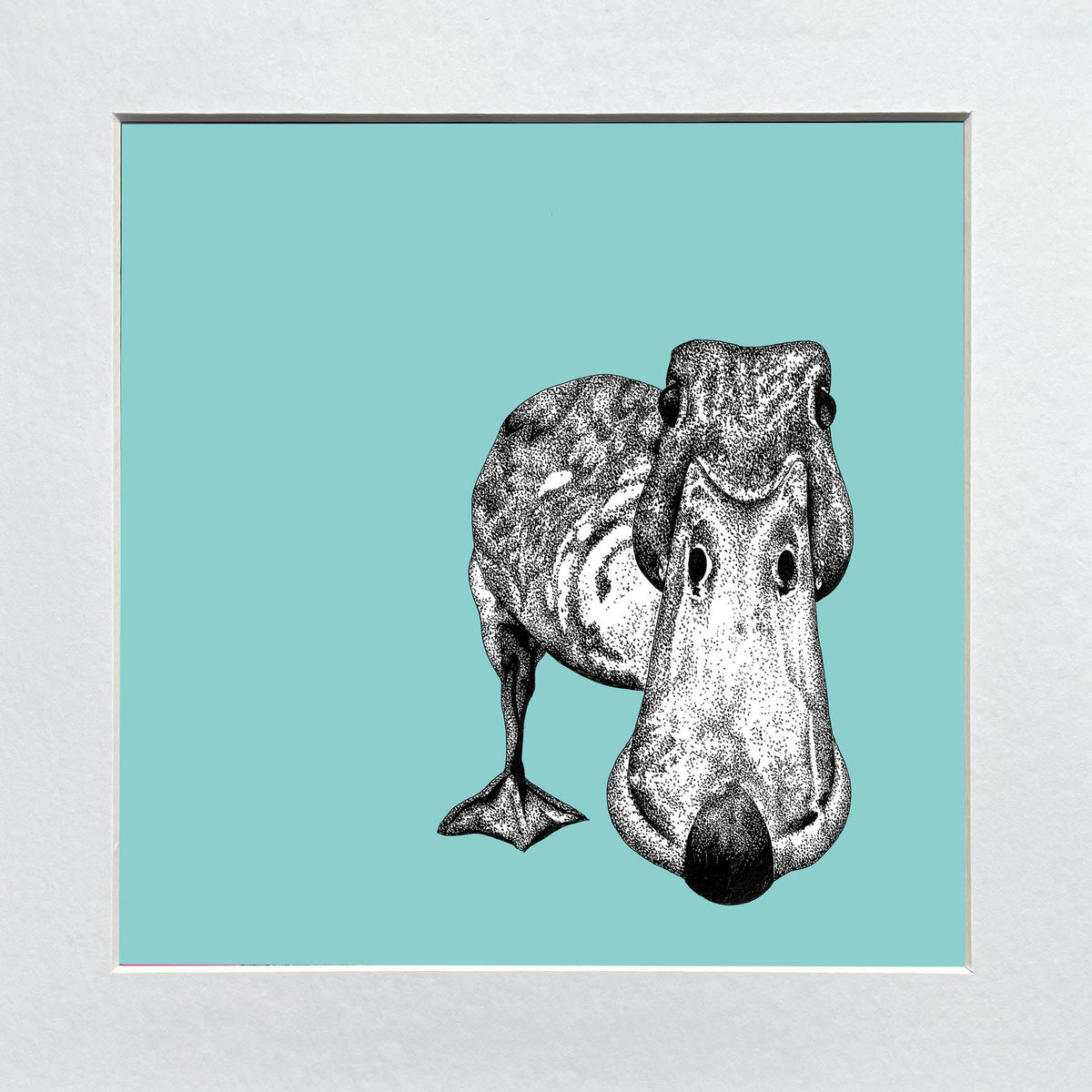 Mounted artwork of a duck's head on a light blue background