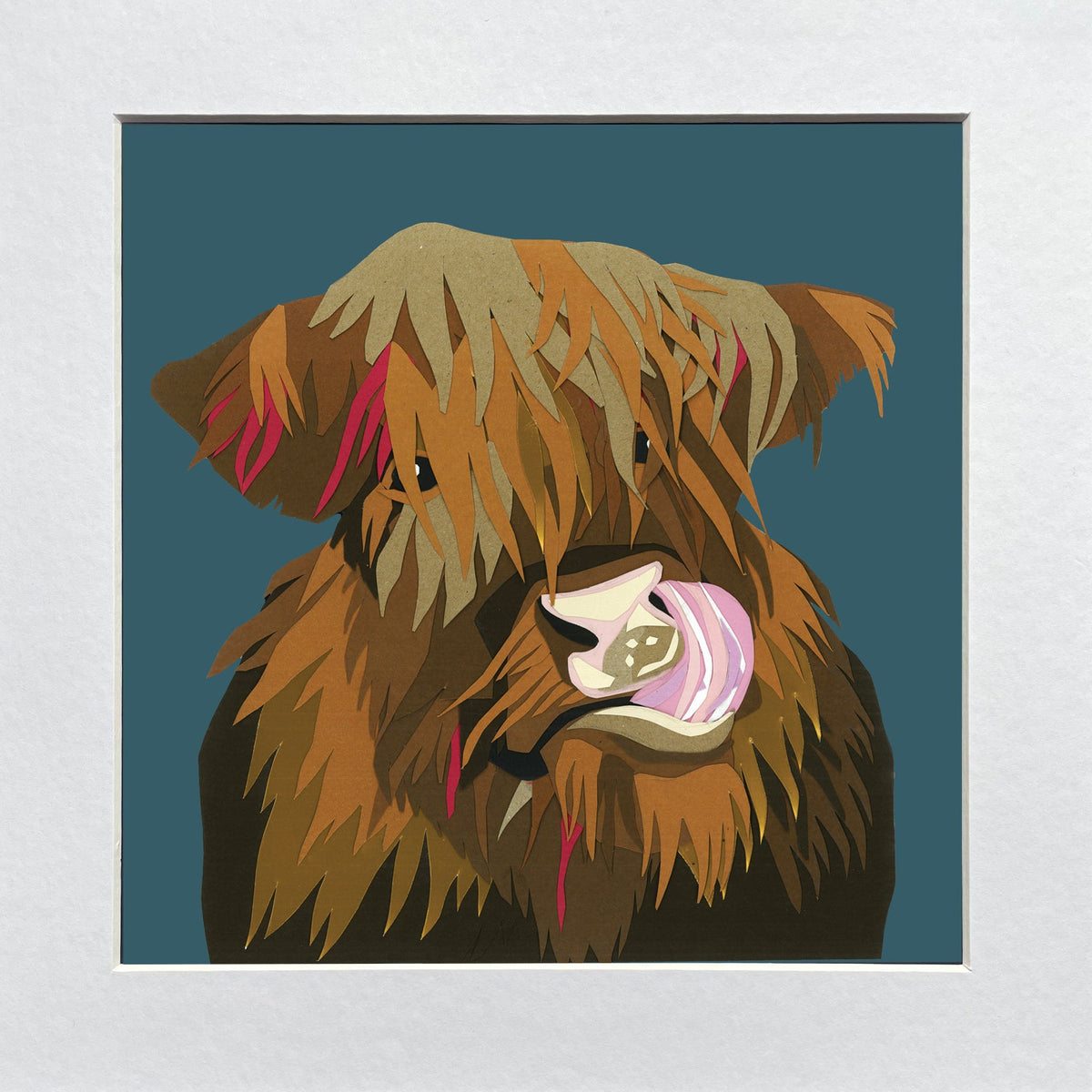 A framed print of a colorful Highland Cow character against a blue background.