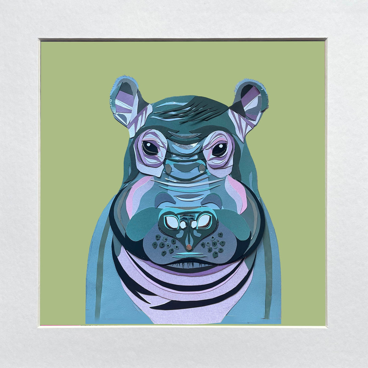Mounted illustration of a hippopotamus on a green background