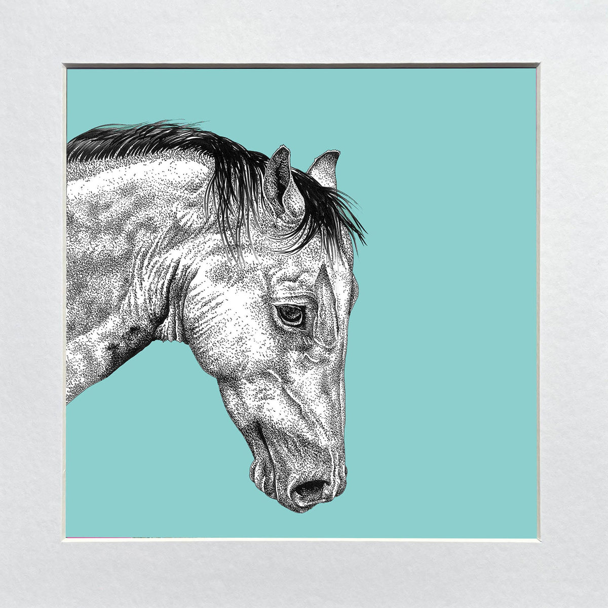 Mounted artwork of a horse's head on a teal background