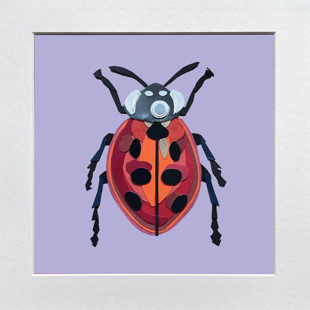 Illustration of a ladybug on a purple background in a white mount.