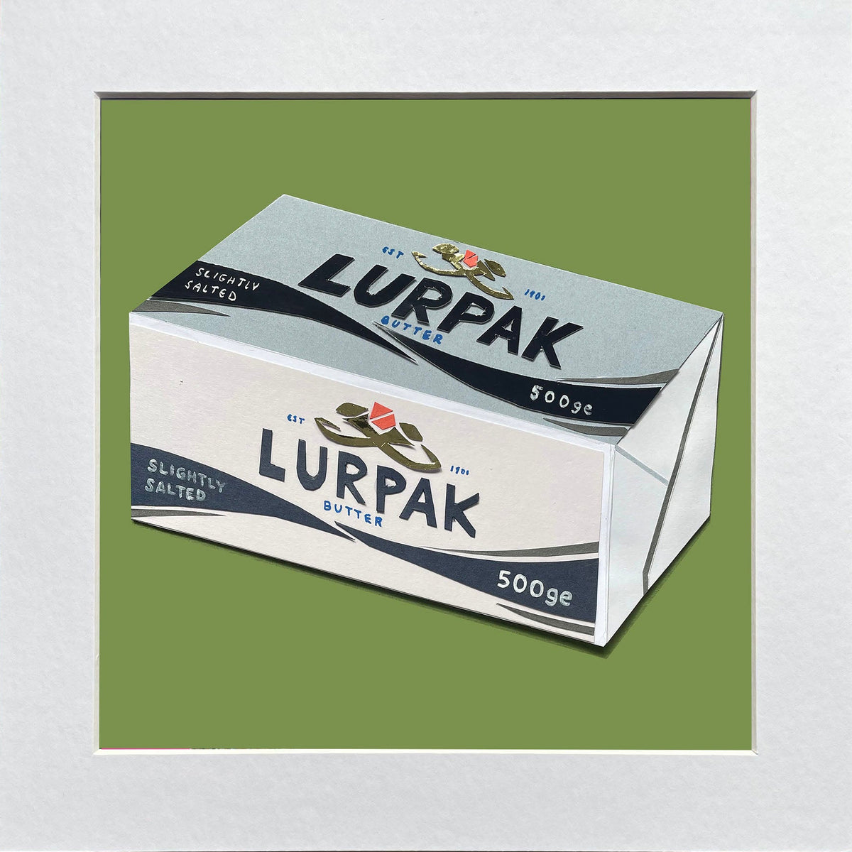 Illustration of Lurpak butter packaging on a green background in a white mount.