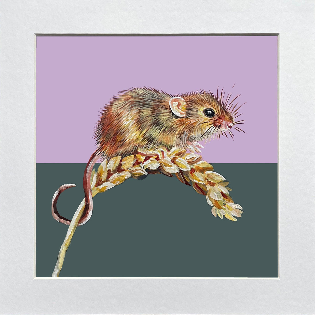 Illustration of a mouse on a branch with a purple and green background