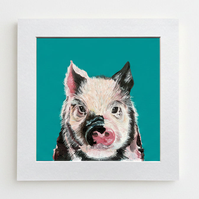 Framed artwork of a pig's face on a teal background