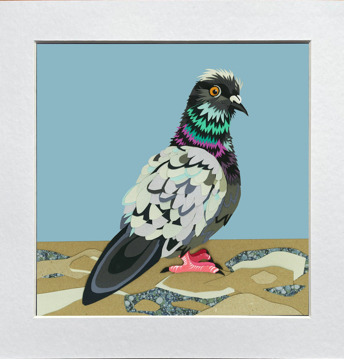 A mounted print featuring a colourful pigeon with a paper collage style.