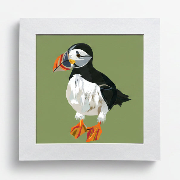 Framed illustration of a puffin on a green background