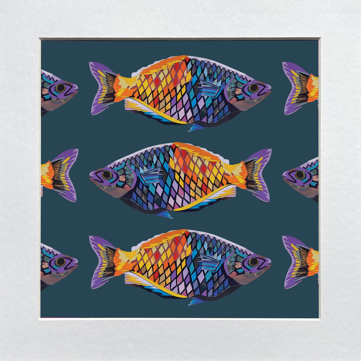 Mounted artwork of Rainbow fish pattern on a dark blue background