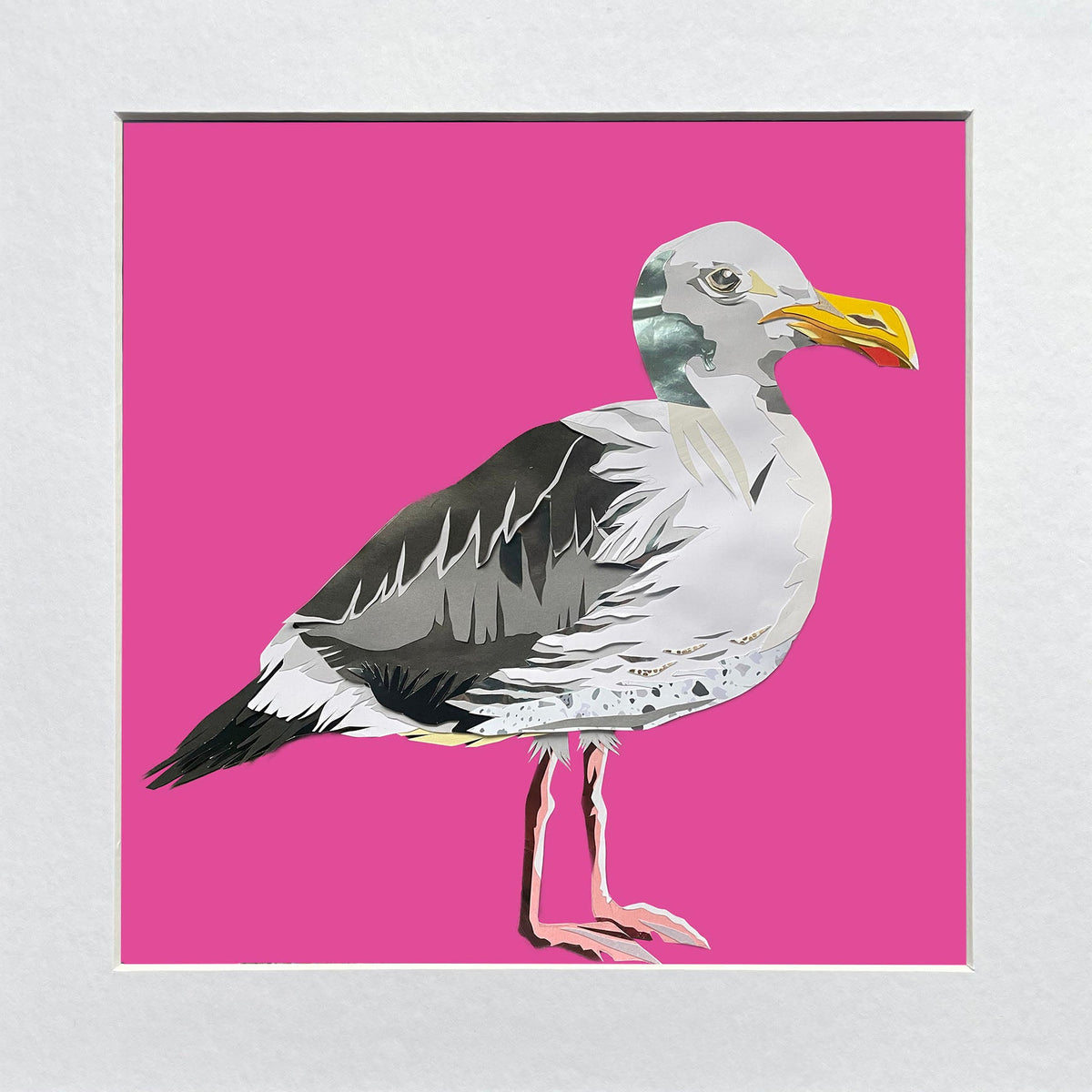 Mounted artwork of a seagull on a pink background