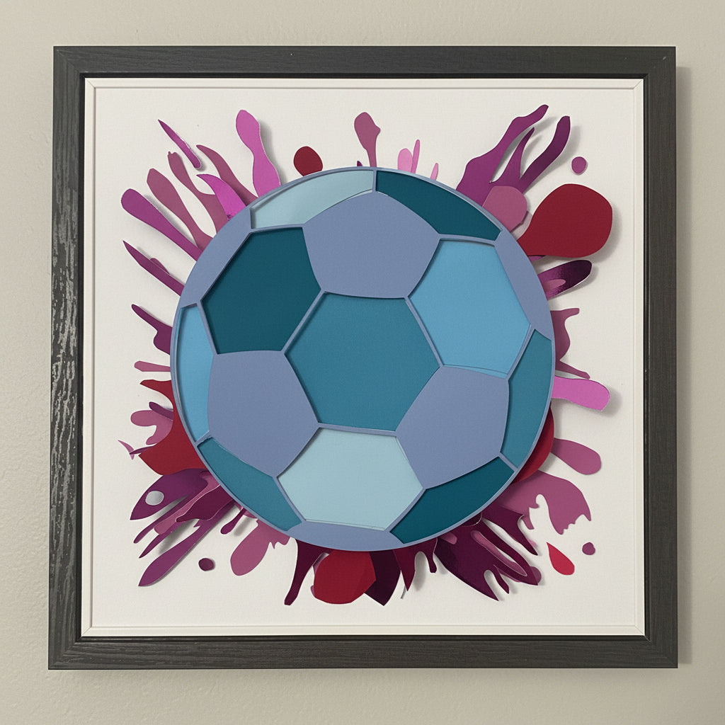 Framed artwork of a geometric football design with colourful splatter design.