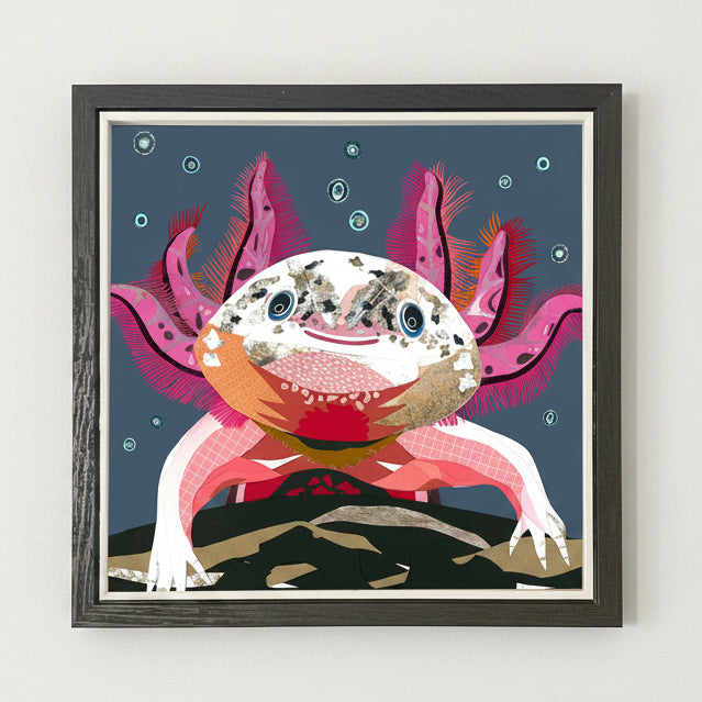 Framed artwork of a colourful axolotl.