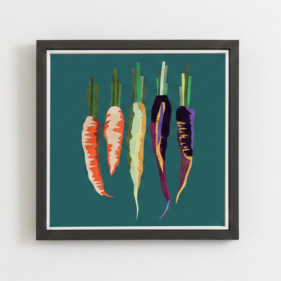 Framed artwork of stylized carrots on a teal background