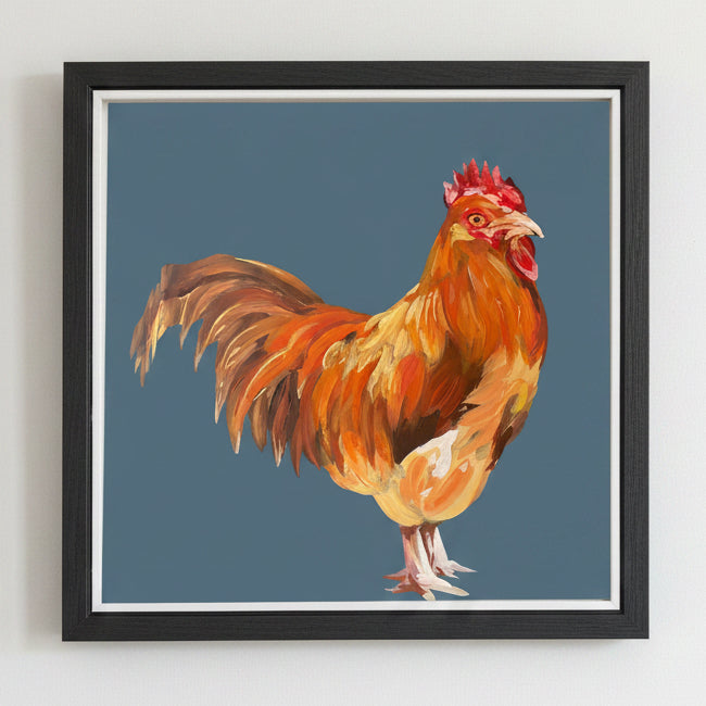 Framed artwork of a rchciken on a dar blue background.