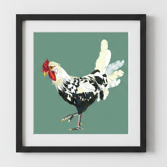 Framed artwork of a cockerel on a green background