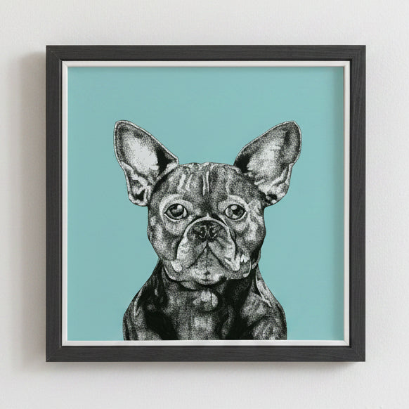 Framed artwork of a bulldog on a teal background
