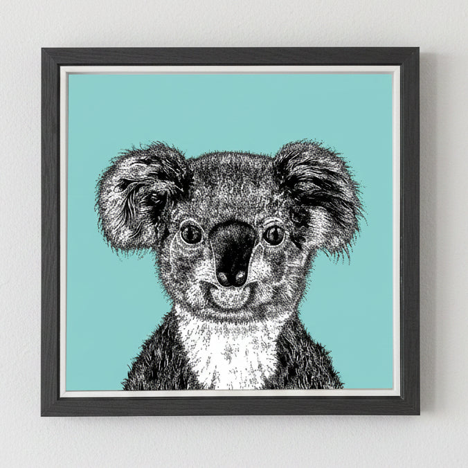 Framed illustration of a koala on a teal background