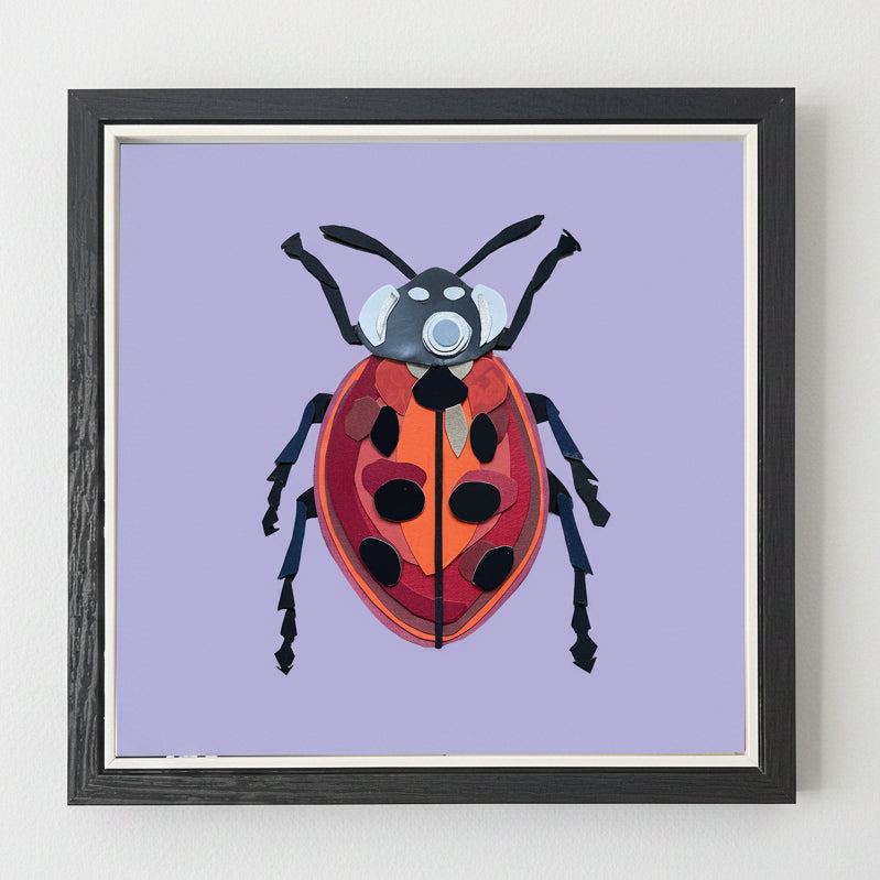 Framed artwork of a ladybug on a purple background