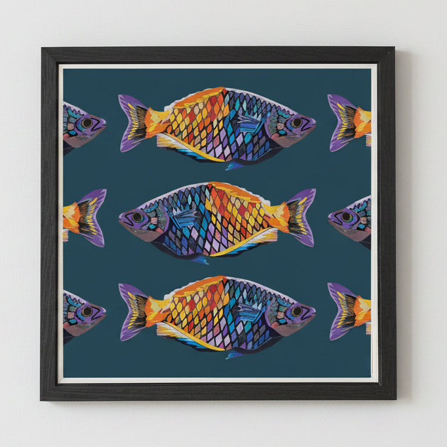 Framed artwork of rainbow fish on a dark blue background