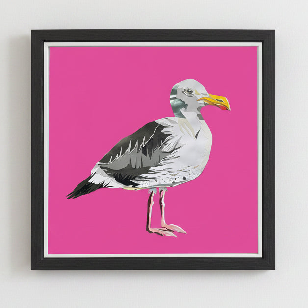 Framed artwork of a seagull on a pink background