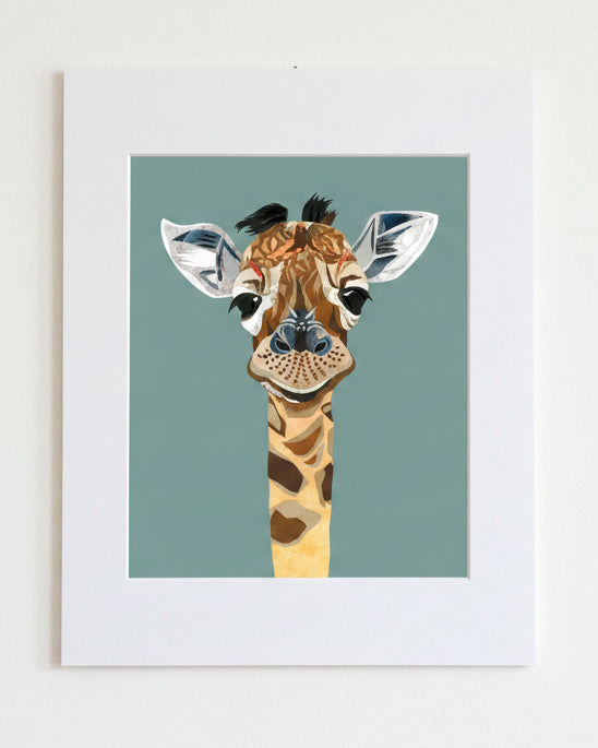 Giraffe artwork on a teal background