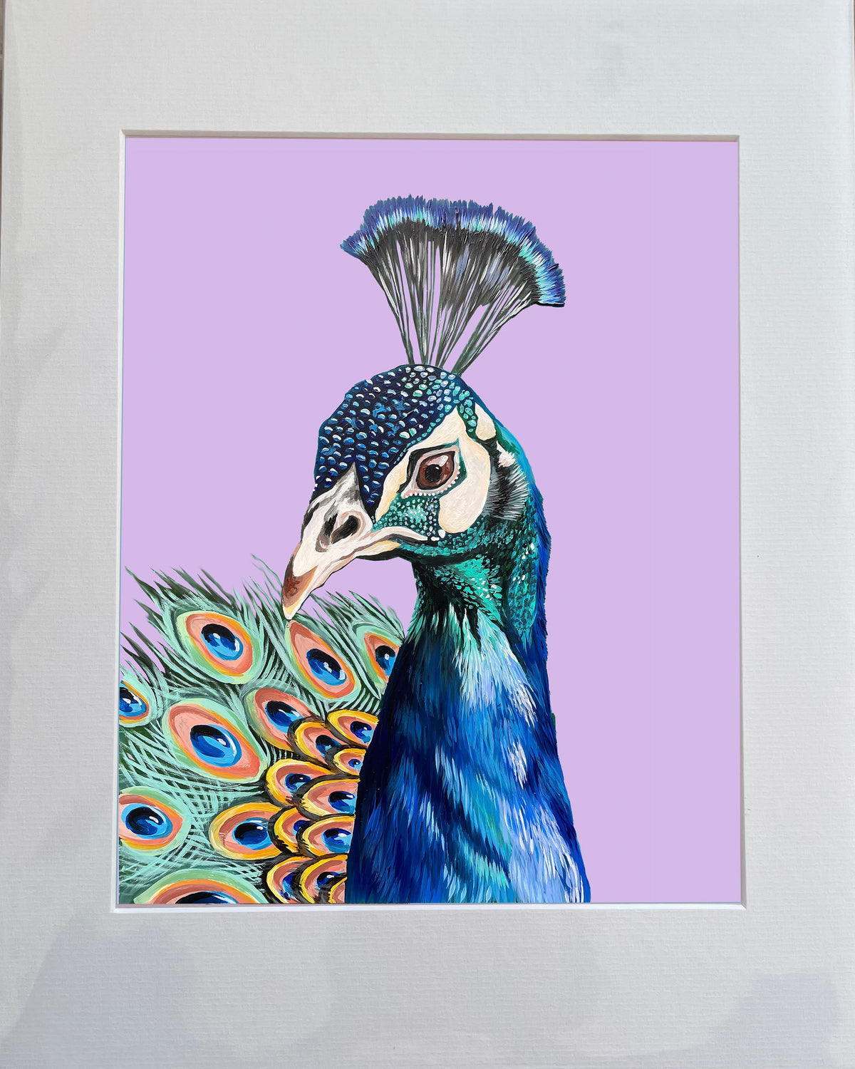 Framed artwork of a peacock on a purple background