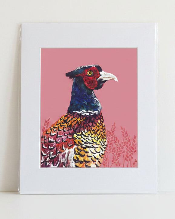 Framed artwork of a colorful pheasant on a pink background