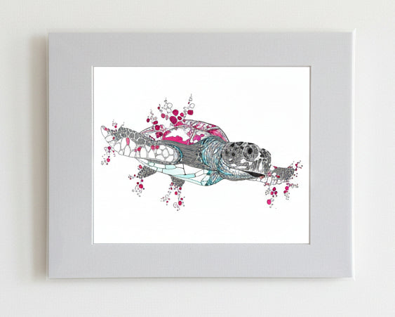 Framed artwork of a stylized turtle with pink and blue accents on a white background.