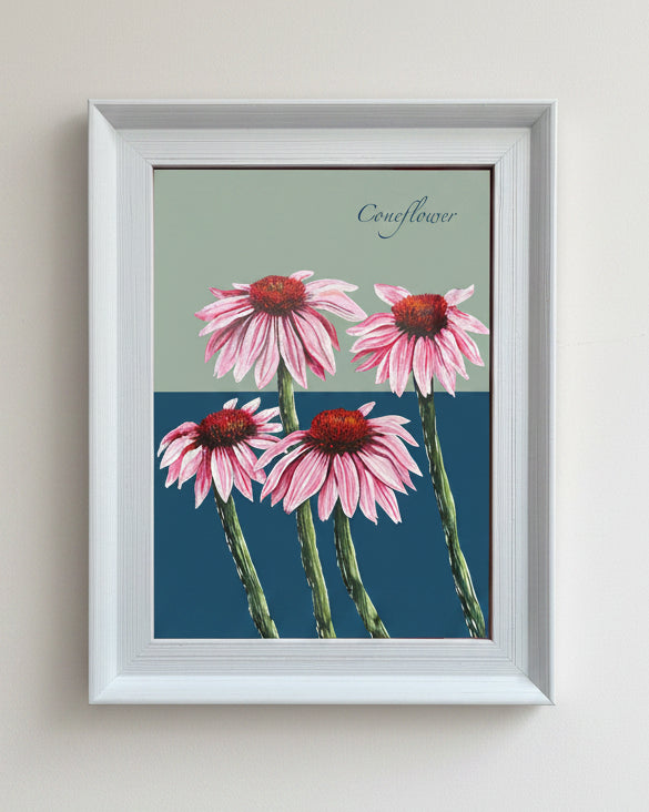 Framed artwork of pink coneflowers .