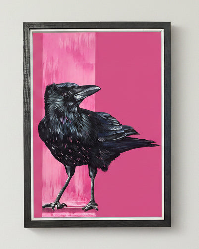 A framed art print featuring a detailed black raven illustration against a vibrant pink background.