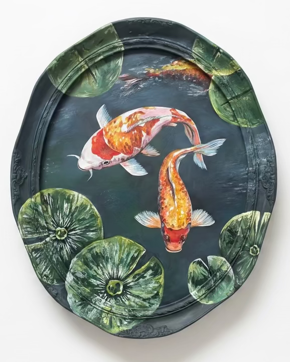Original painted frame featuring Koi carp and lily pads