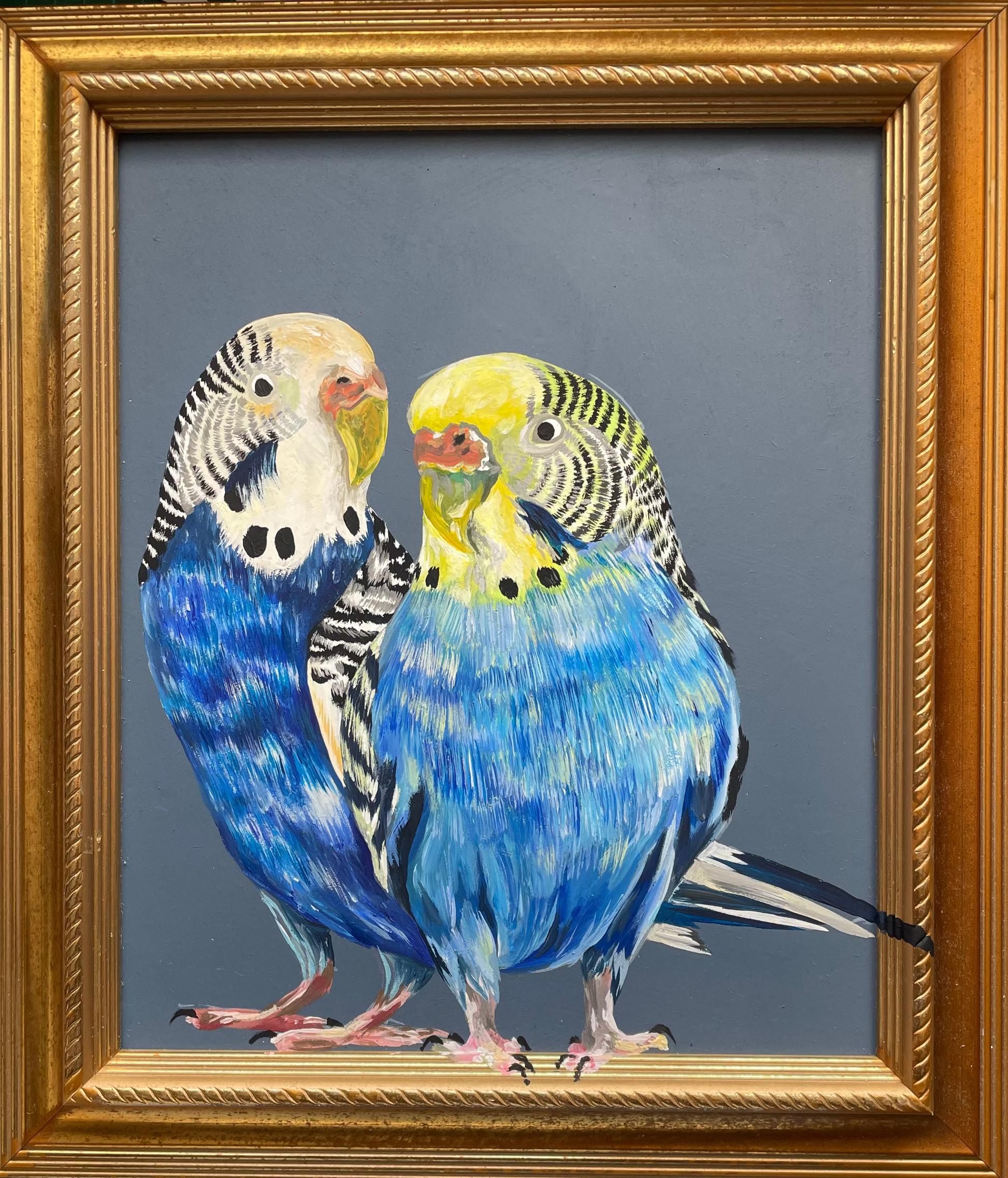 A framed painting of two blue and yellow budgerigars perched together against a dark gray background, enclosed in a decorative gold frame. 