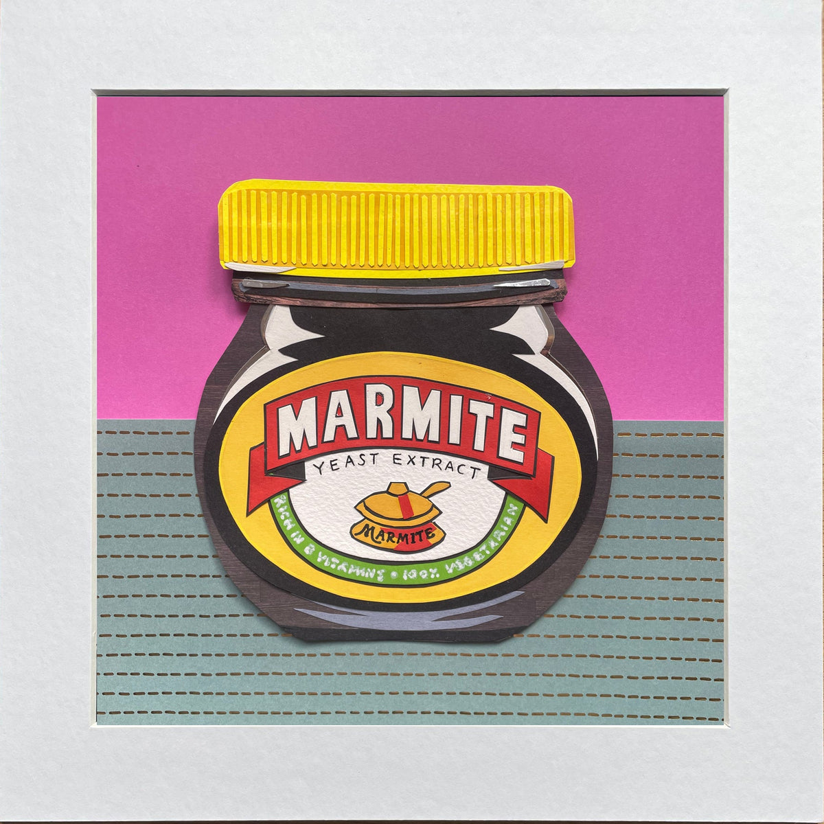 A square art print featuring a stylized illustration of a Marmite jar.