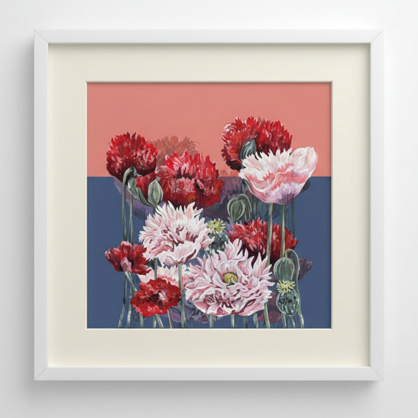 Framed artwork of red and pink poppies on a two-tone background
