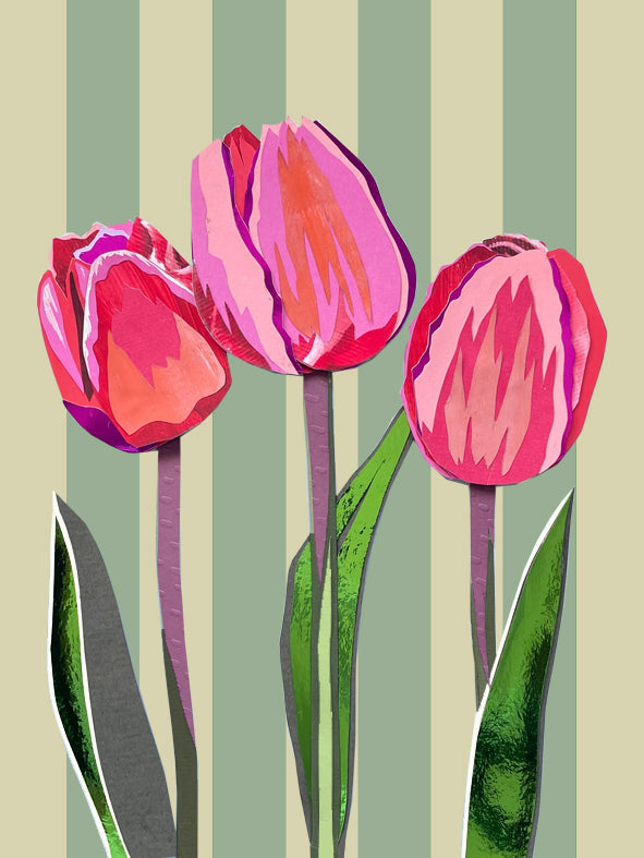 Pink tulips on a striped background print