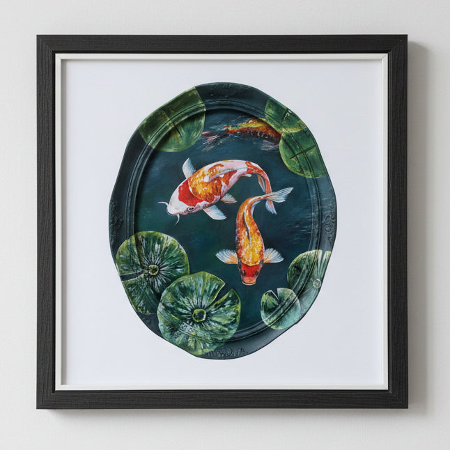 Framed oval artwork depicting two koi fish swimming among green lily pads on a dark water background.