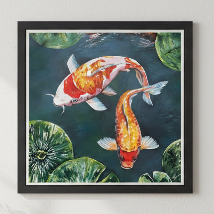 A framed square painting of two koi fish swimming among green lily pads on dark water.