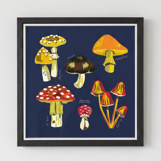 Framed mushrooms print on a navy background
