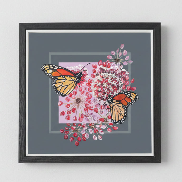 Framed floral and butterfly art print .
