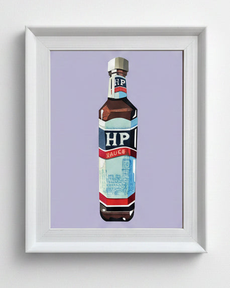Framed artwork of an HP sauce bottle on a purple background