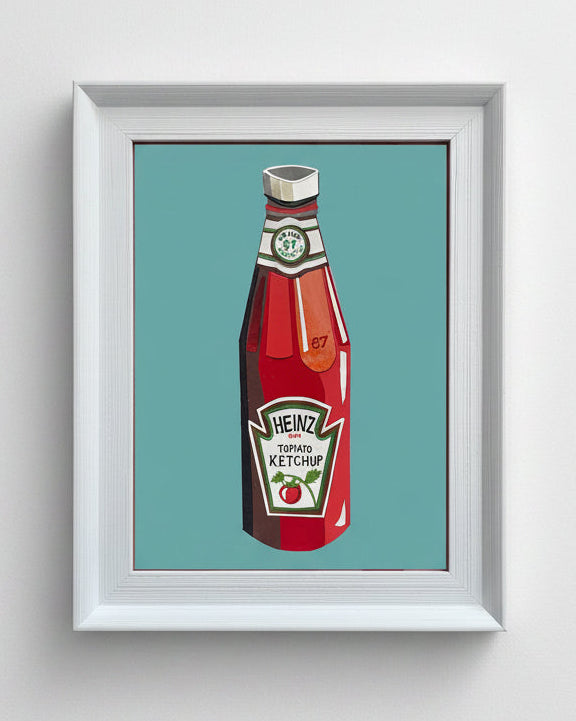 Framed artwork of a Heinz ketchup bottle on a teal background