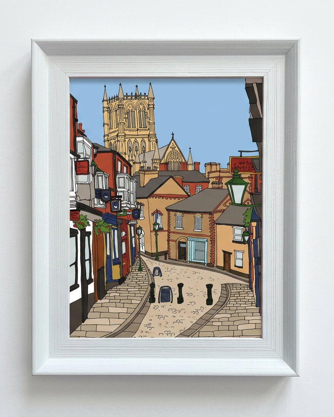 A framed art print depicting a colourful illustration of Steephill in Lincoln.